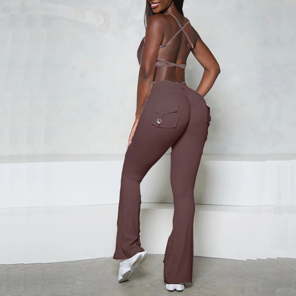 1/2PCS Fitness Cross Sport Bra Fitness Yoga Set Women High Waist Flare Leggings Female Workout Pant Tracksuit Gym Active Suits