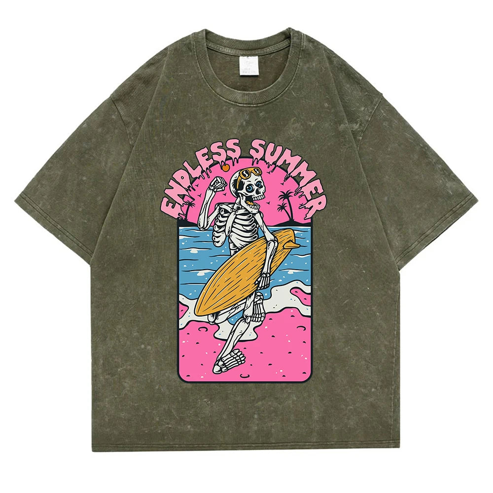 Endless Summer Skeleton Surfing 
Washed Retro Snow Clothing Men Quality T-Shirt Summer Cotton T-Shirts Hip Hop Street Loose Tops