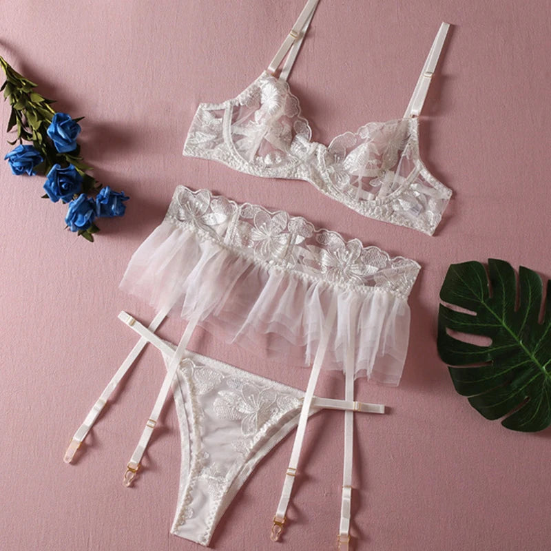 Lingerie Set Women Sexy Underwear Push Up Strappy Embroidered Mesh Sheer Lingerie Set See Through Panty Bra 3 Piece Langerie