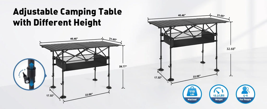 Folding Camping Table Portable Roll-up Table With Adjustable Height Large Storage Bag Carrying Bag For Outdoor&Indoor Picnic BBQ