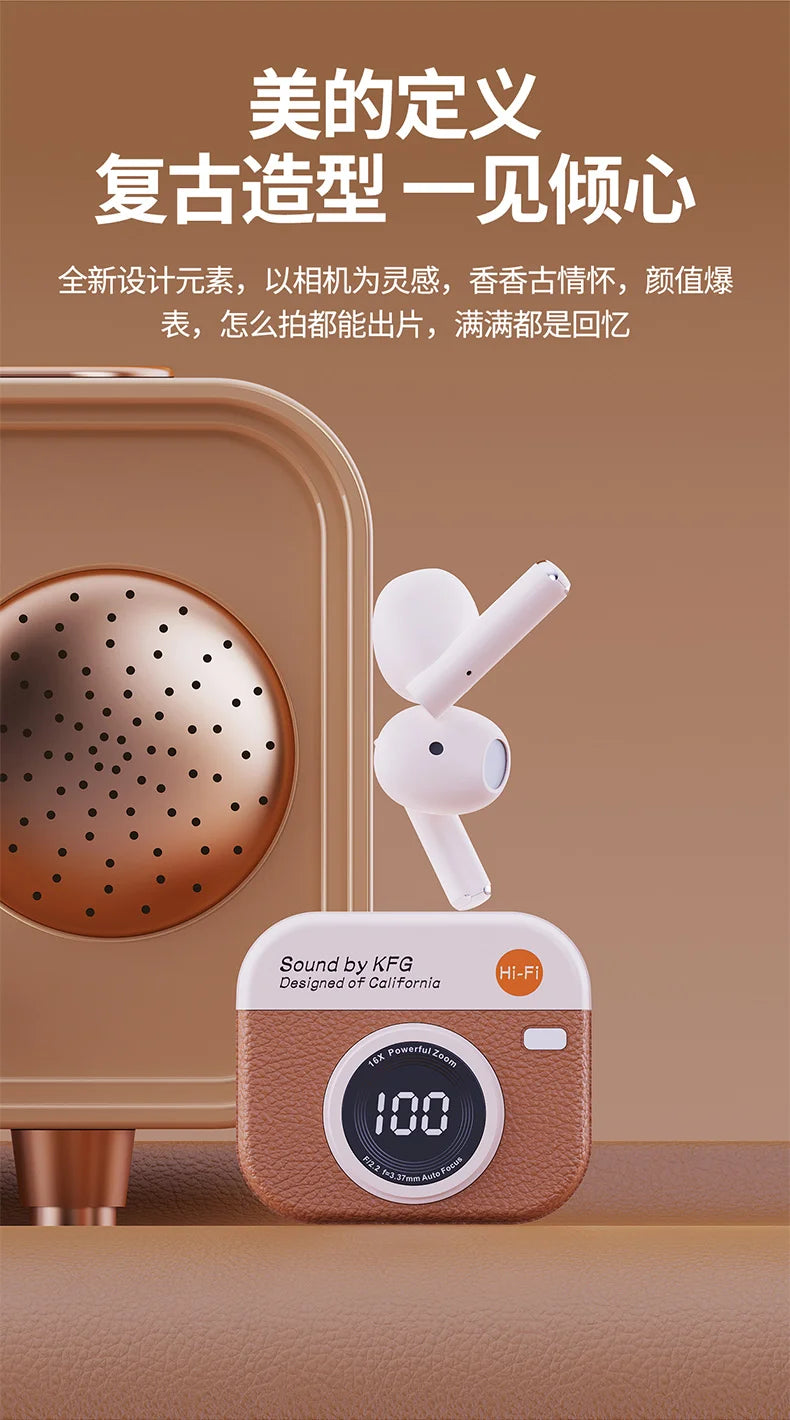 Bluetooth 5.4 vintage fashion wireless earphones, suitable for laptops, tablets, smartphones, and sports fitness, with LED displ