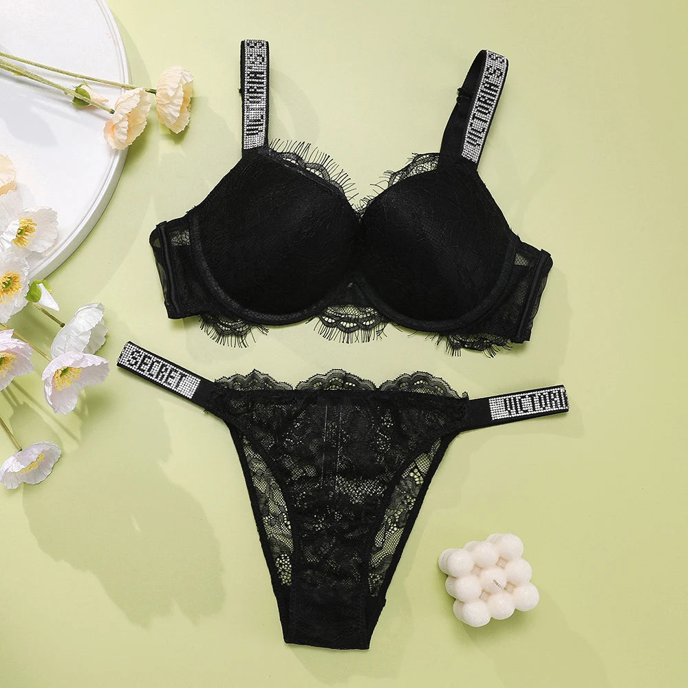 Victoria's Secret Bra and Panty Set Classic Women's Lingerie Set Sexy Lace Trim Pattern Breathable Gathered Padded New Soft