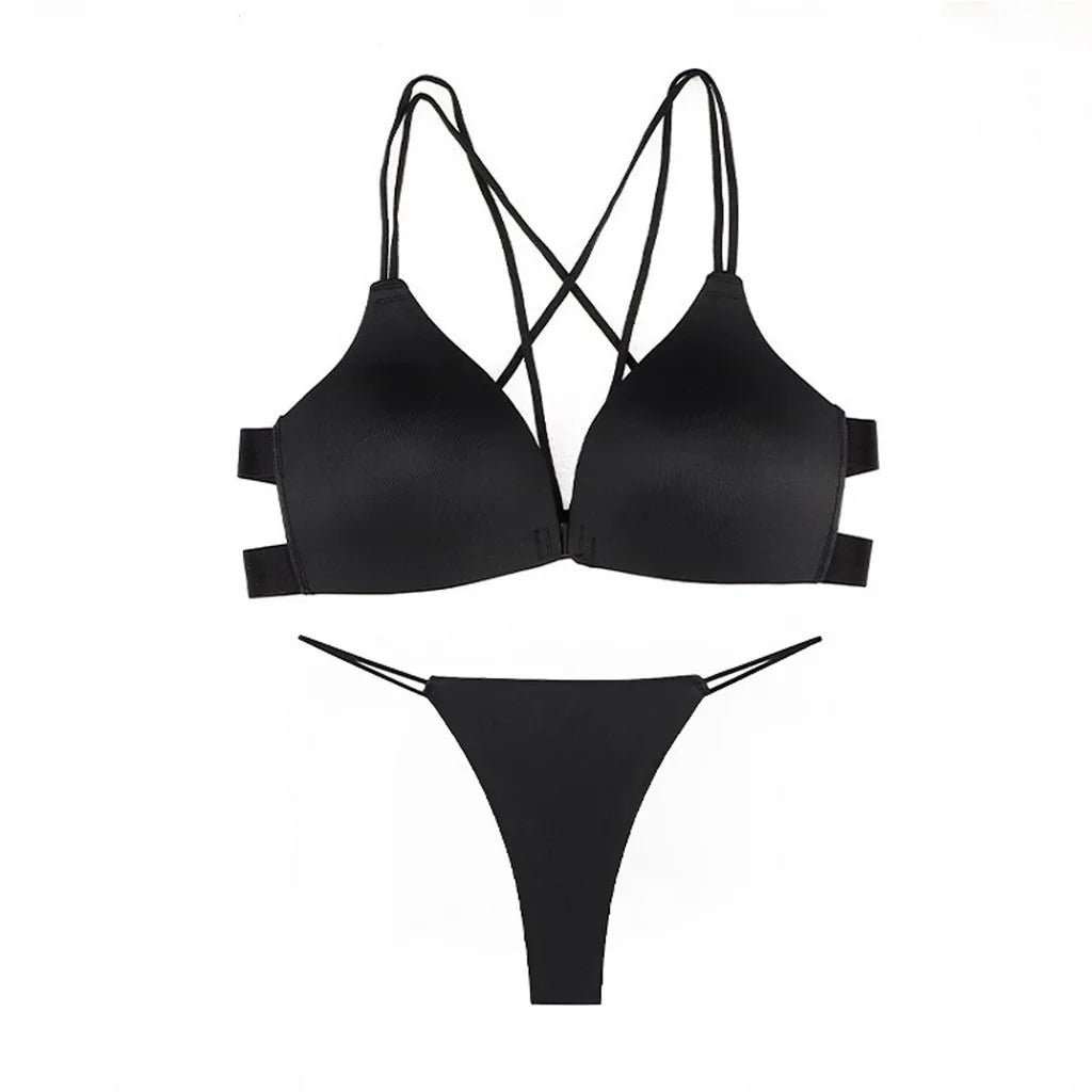 ZXYOUPING Women Bra and Panty Set, Front Button Push-up Bra, Sexy Thong Underwear Set, Seamless Bra and Panty Set Without Wires