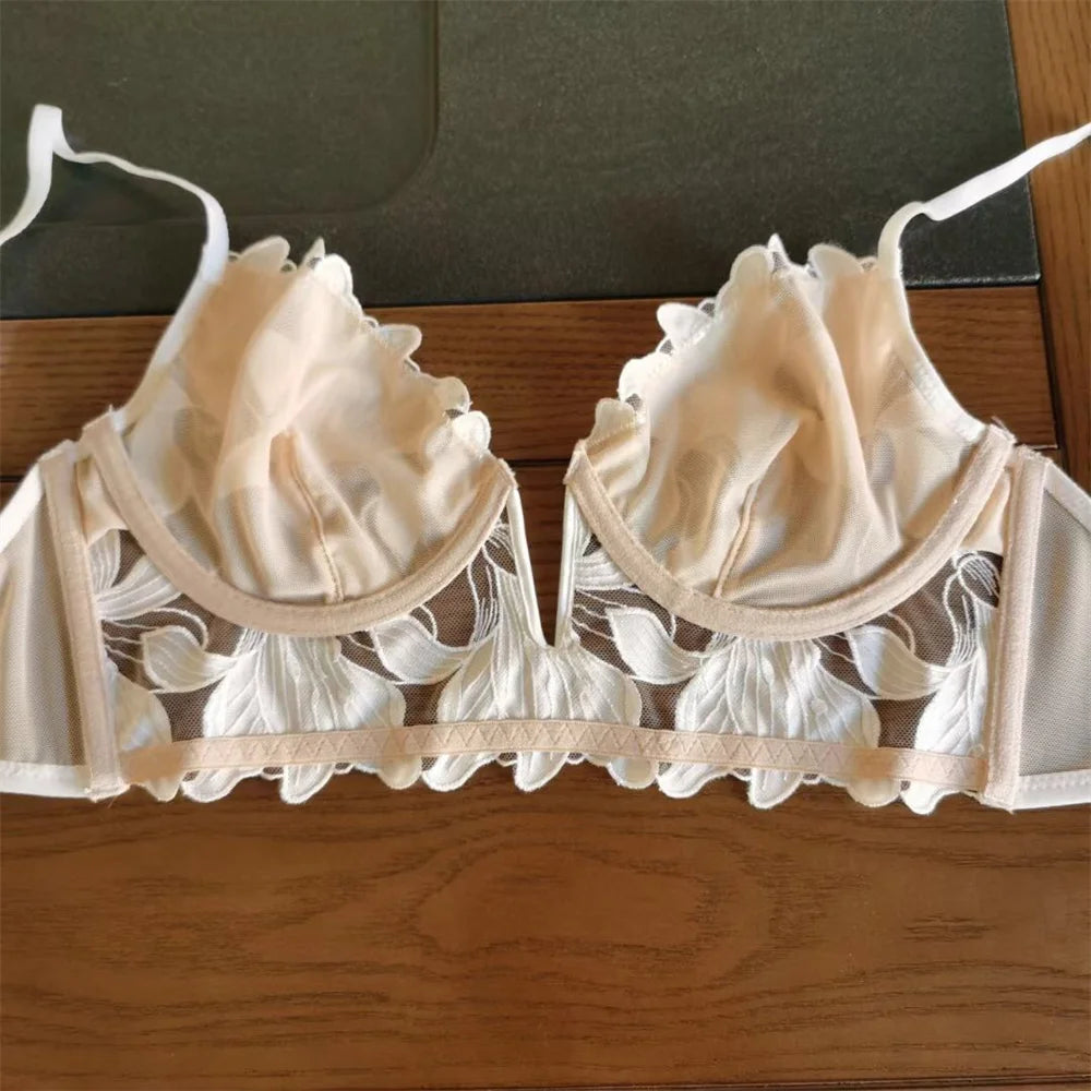 Sexy French Lace Floral Embroidery Brassiere Lingerie Set Women's Underwear Set Push Up thin Bralette Deep V Bra and Panty Set