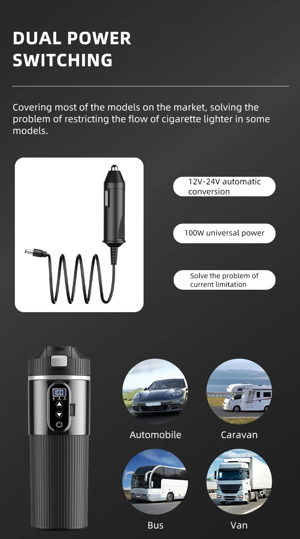 Car Thermos Cup 500ml Large Capacity 12V/24V Car Truck Universal Heating Cup Stainless Steel Car Electric Heating Cup