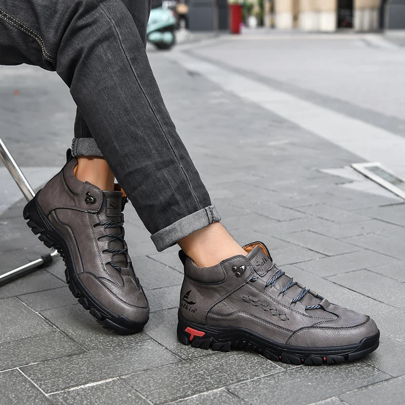 Men's High-Top Round-Toe Fashion Boots Lace-Up Outdoor Hiking Shoes Spring/Fall Thick-Sole Casual Oversized Men's Shoes
