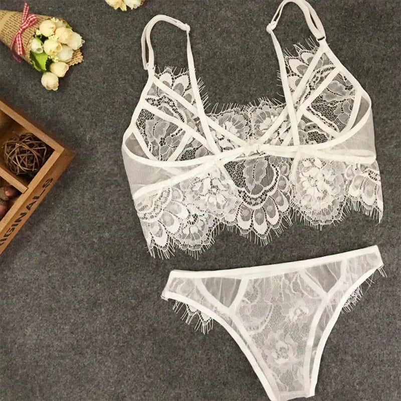 Lingerie Set Sexy Plus Size Hot Underwear Women Set Bra&Panty Thong Set Sexy Transparent Lingere Lace Black Open Intimates