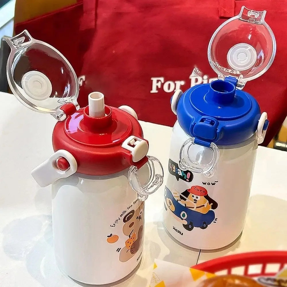 Cartoon Thermal Cup Large Capacity Double Drinking Straw Student Water Cup Stainless Steel Leakproof Insulated Cup for Children
