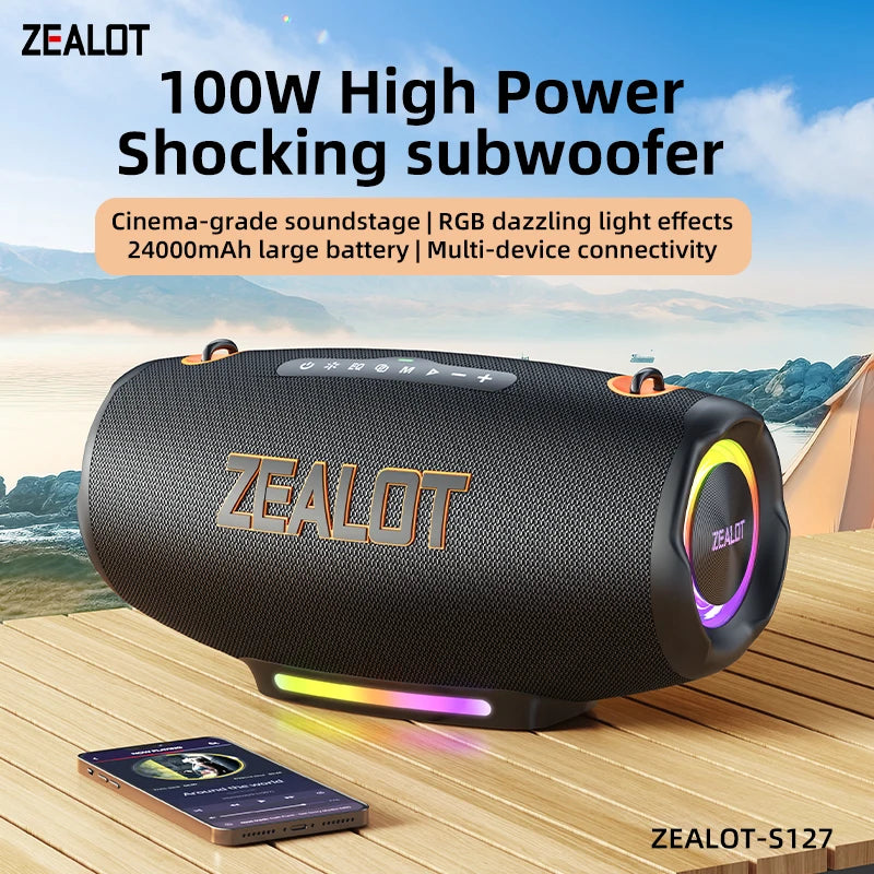 ZEALOT S127 100W Portable Wireless Speaker with Strap, Deep Bass Loud Speaker Waterproof for Outdoor Supports AUX/TF/USB/EQ/TWS