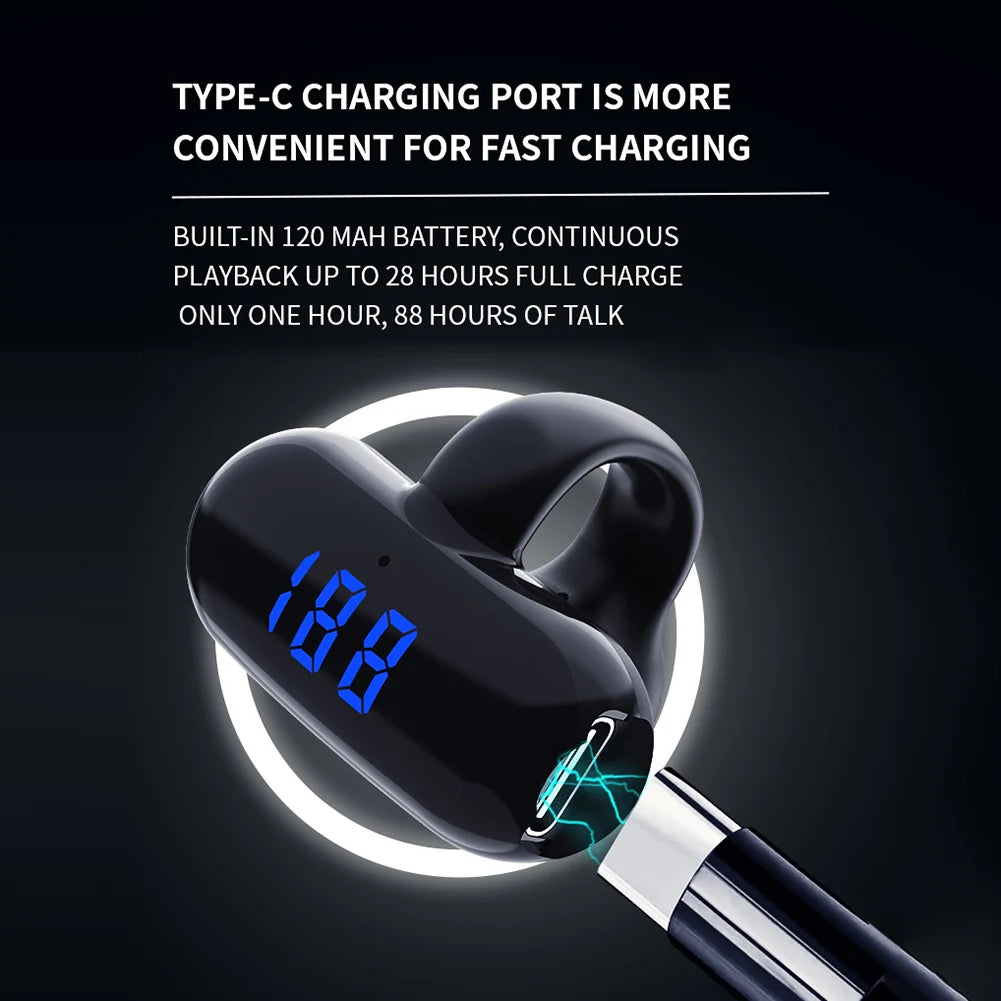 Bluetooth 5.3 Bone Conduction Open Earclips Wireless Non in Ear Digital Display IPX6 Waterproof Sports Single Earbuds with Mic