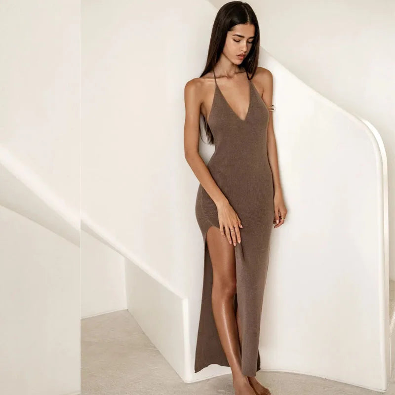 Summer Beach Dress High Split Solid Color Vacation Dress Sexy Knit Backless Halter Dress Elegant Sleeveless Bodycon Tie-up Dress