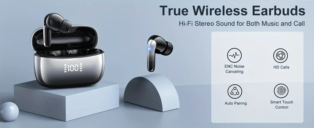 Bluetooth 5.3 Wireless Earbuds ENC Noise Cancelling Mic 50H Playtime Deep Bass Stereo Sound IP7 Waterproof LED Display Mini In-E