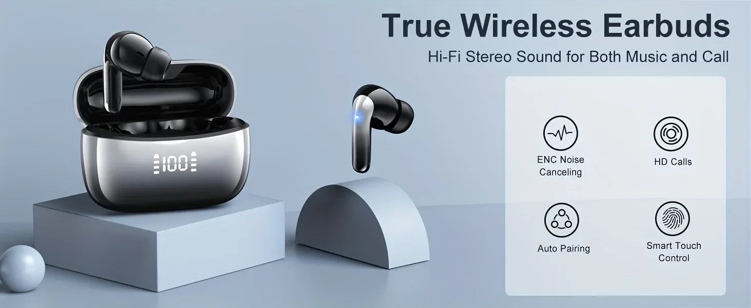 Bluetooth 5.3 Wireless Earbuds ENC Noise Cancelling Mic 50H Playtime Deep Bass Stereo Sound IP7 Waterproof LED Display Mini In-E