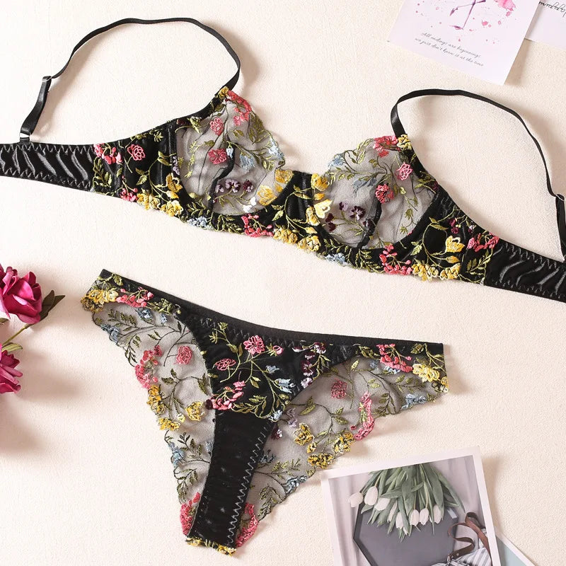 Women Bra and Briefs Sets Lace Flower Embroidery Sexy Perspective Underwire Erotic Lingerie Panty Two-Piece Underwear Set 2026