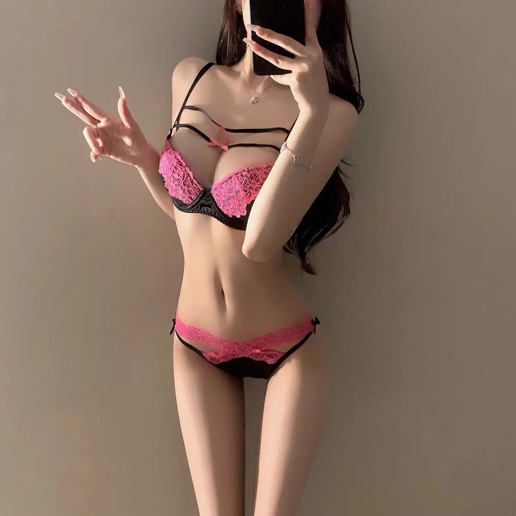 Women Underpants Low Waist Mesh Hollowed Bow Panties and Bra Set Breathable Briefts Lace Push Transparent Lingerie
