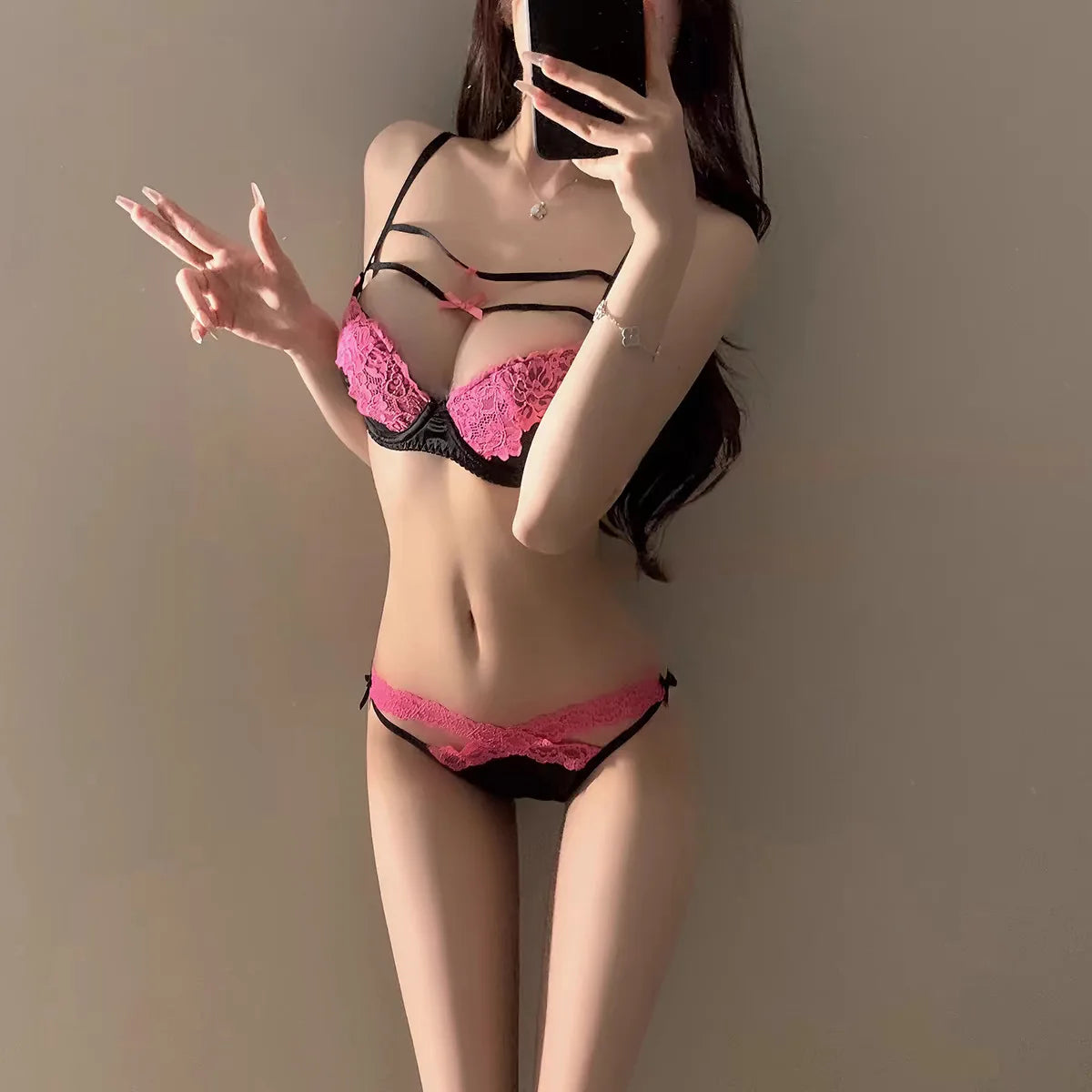 Women Underpants Low Waist Mesh Hollowed Bow Panties and Bra Set Breathable Briefts Lace Push Transparent Lingerie