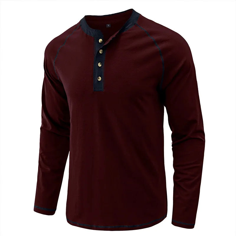 Summer  Autumn Men's American Heavy Cotton Henry Shirt  Long Sleeve Fitness Tough Guy T-Shirt Casual  T Shirt for Men Clothing