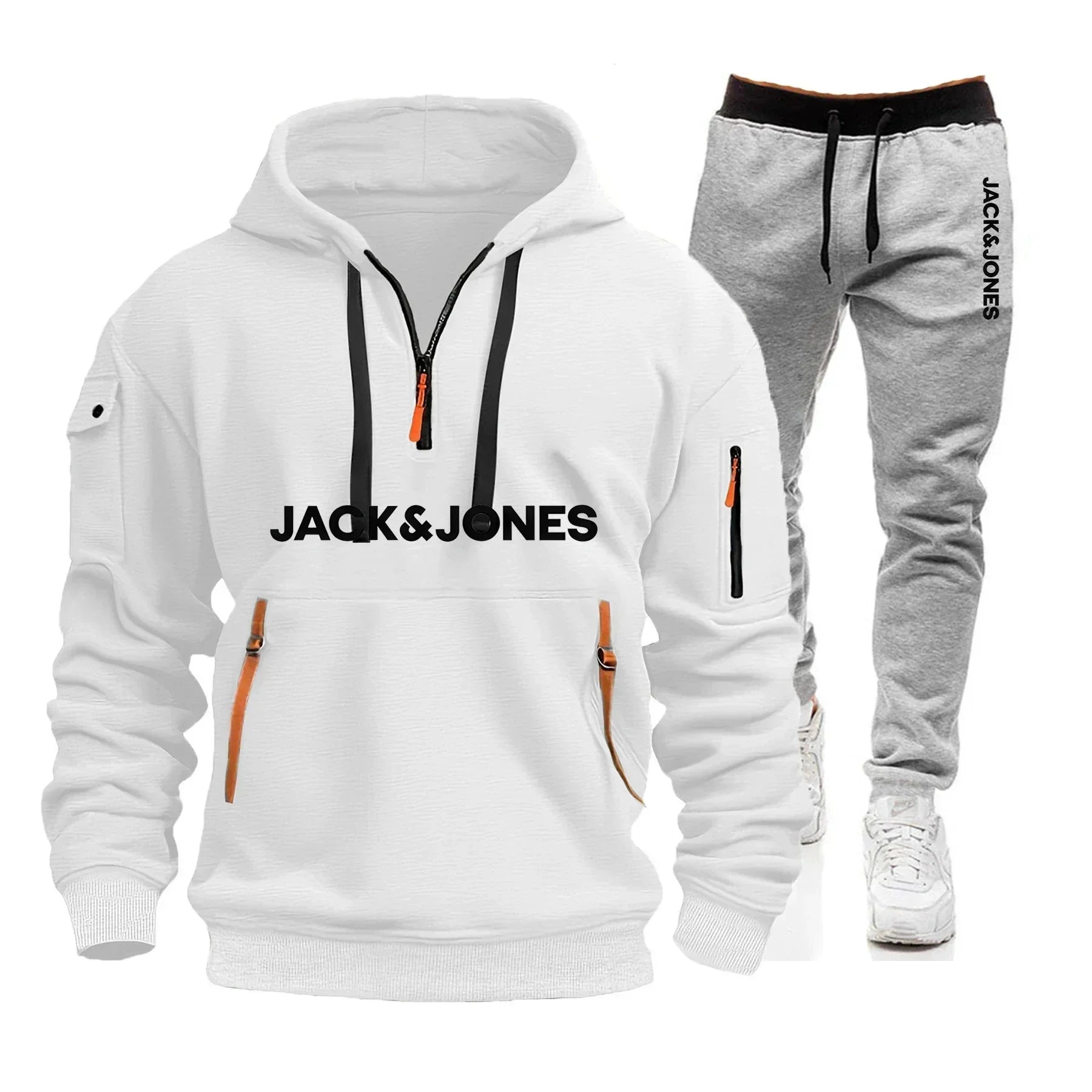 A two-piece outdoor fashion jogging and fitness set for men in autumn and winter, featuring a hooded sweatshirt and casual pants