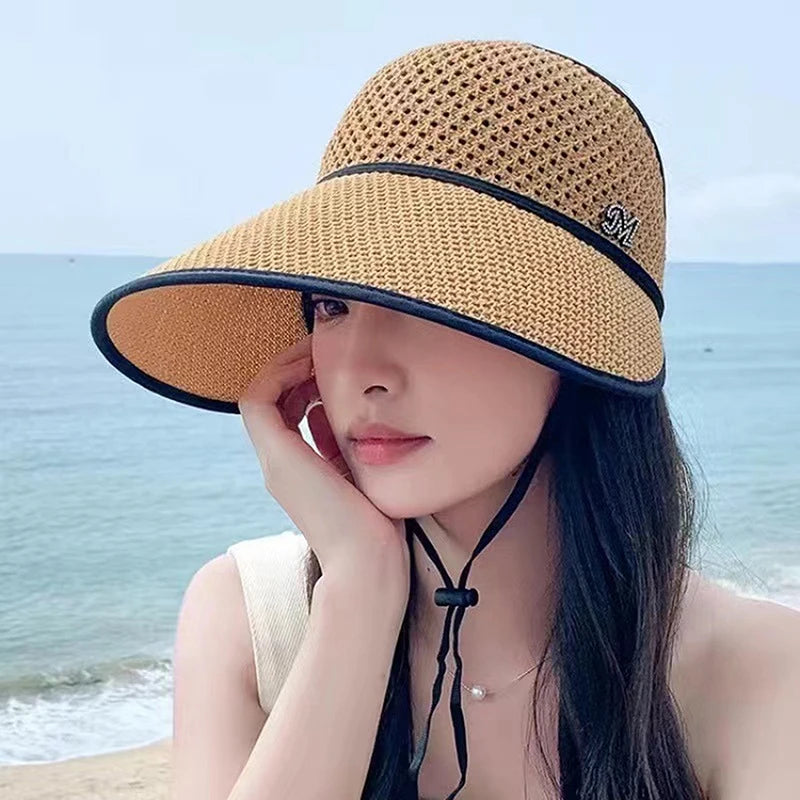 Summer Straw Empty Top Sun Hat For Women Wide Large Brim Visors Hat Travel Sun Hat Women's Hat Beach UV Protection Caps