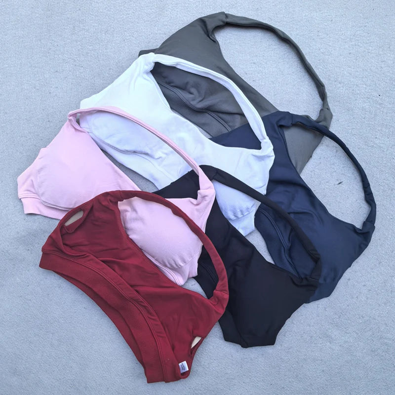 2 Pieces Yoga Set Women Seamless Scrunch Leggings Set Halter Sports Bra Fitness Gym Set Workout Clothes Sportswear