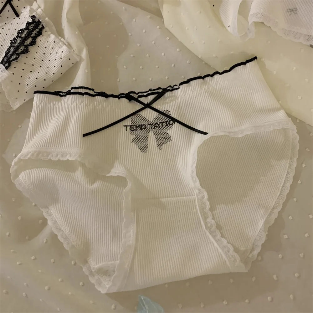 Lingerie Mid-waist Underwear for Women Ruffle Stripe Sweet Cotton Panties Underpants Dots Bow Briefs Girl