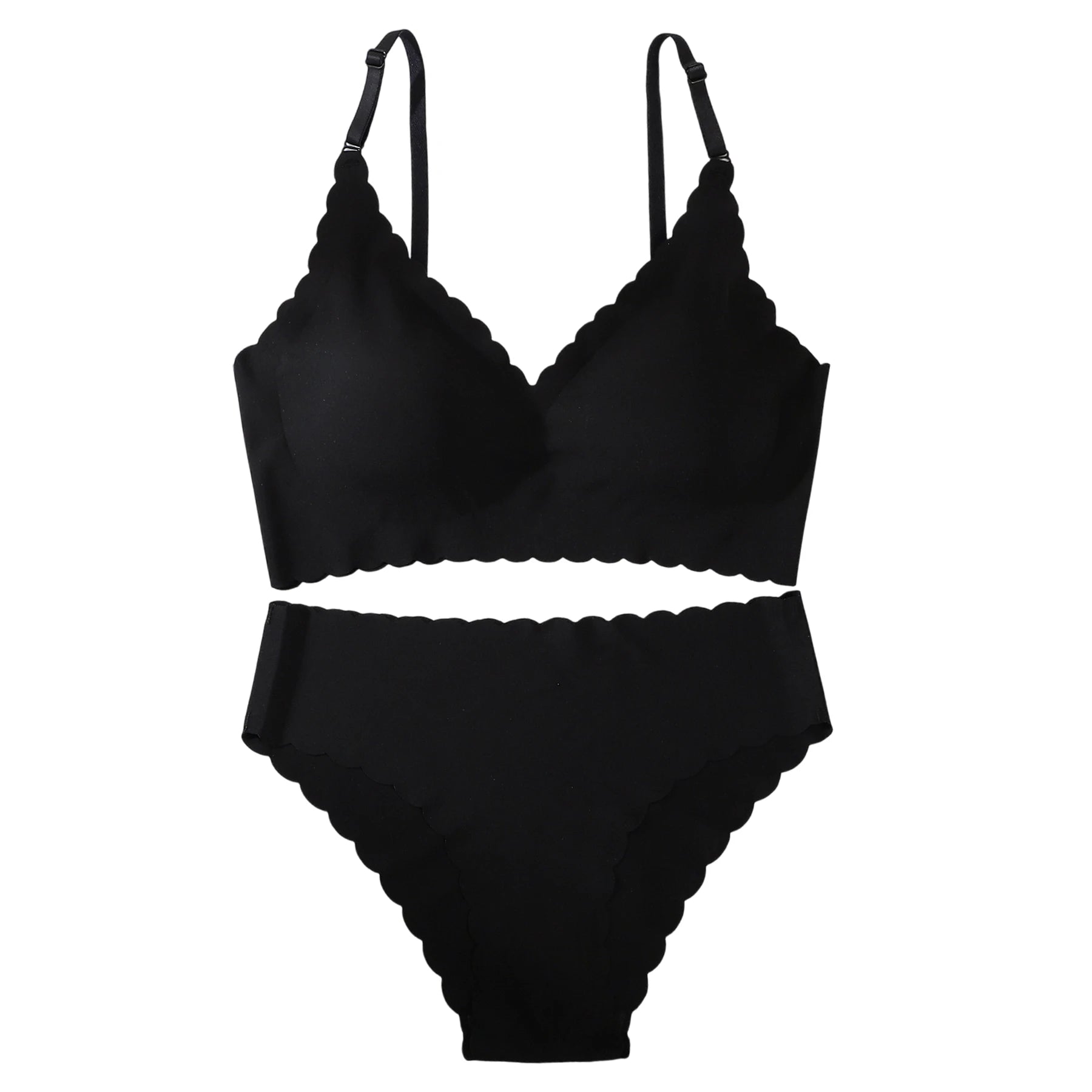 1 Set Solid Color Seamless Bra Panties Women Underwear Set Soft Breathable Removable Padding Ruffled Bralette Ultra-thin Briefs