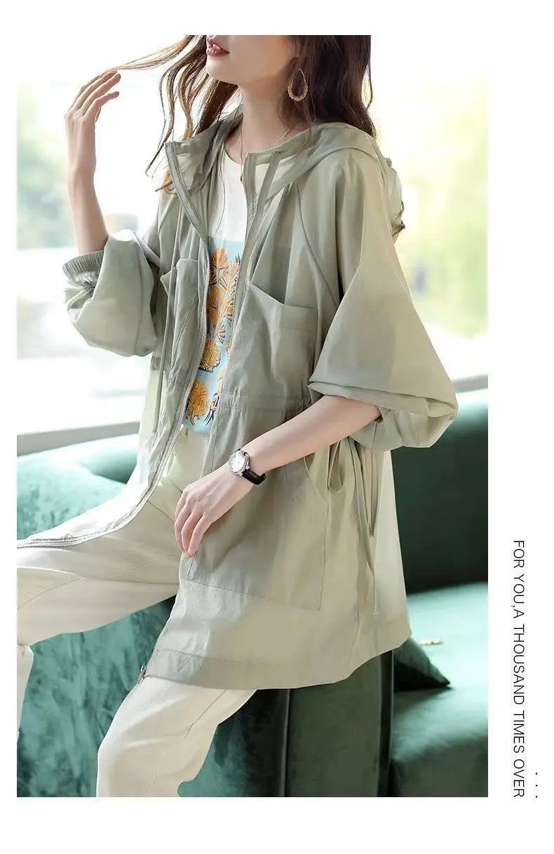 Summer Sunscreen For Women 2025 New Drawstring Waist Mid-length Thin Windbreaker UV Protection Cardigan Lightweight Trench Coat