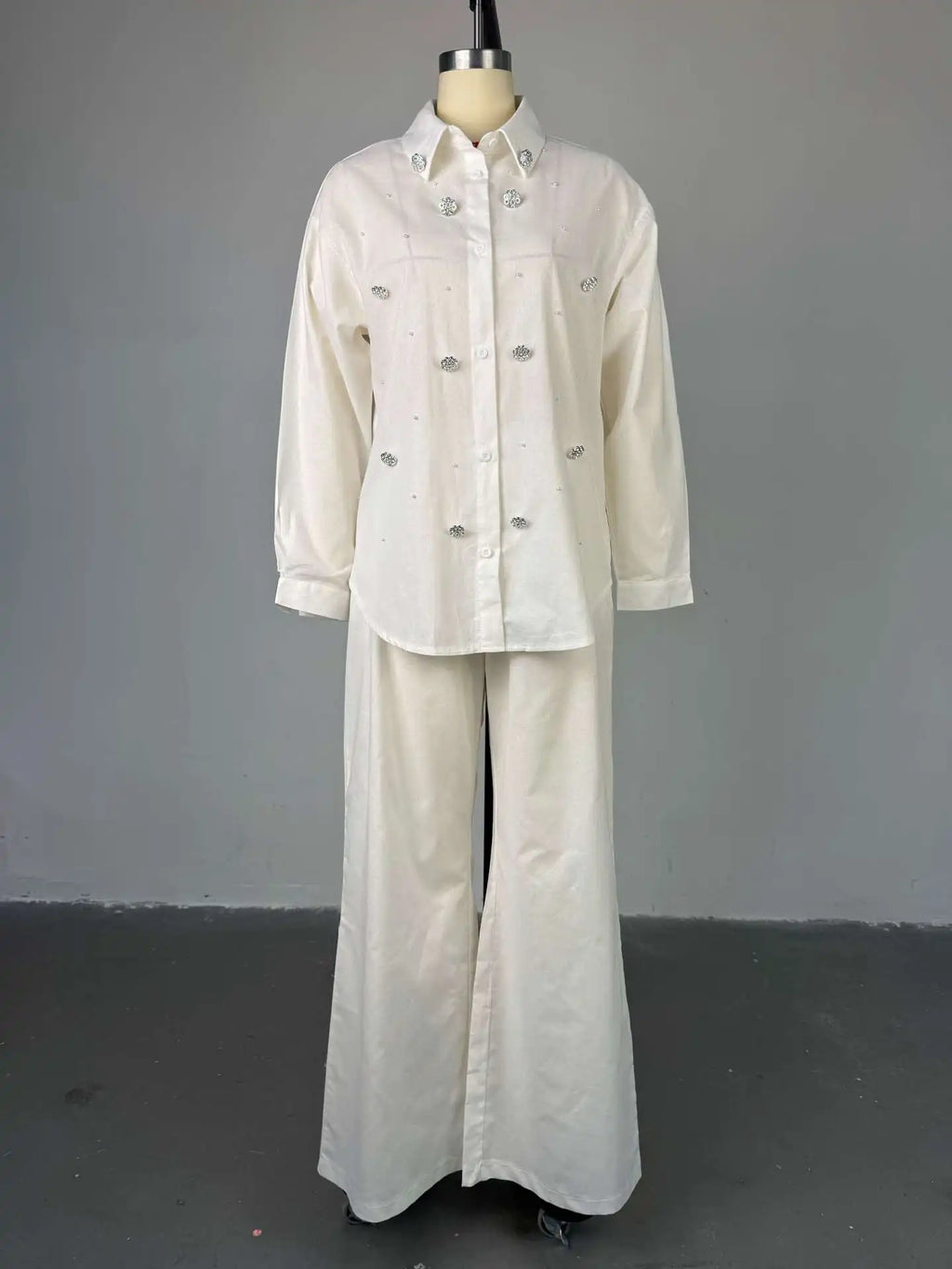 Pant Set Women Two Piece Sets Beaded Turn Down Collar Full Sleeve Shirt Single Breasted Wide Leg Long Pants Elastic Waist 2026