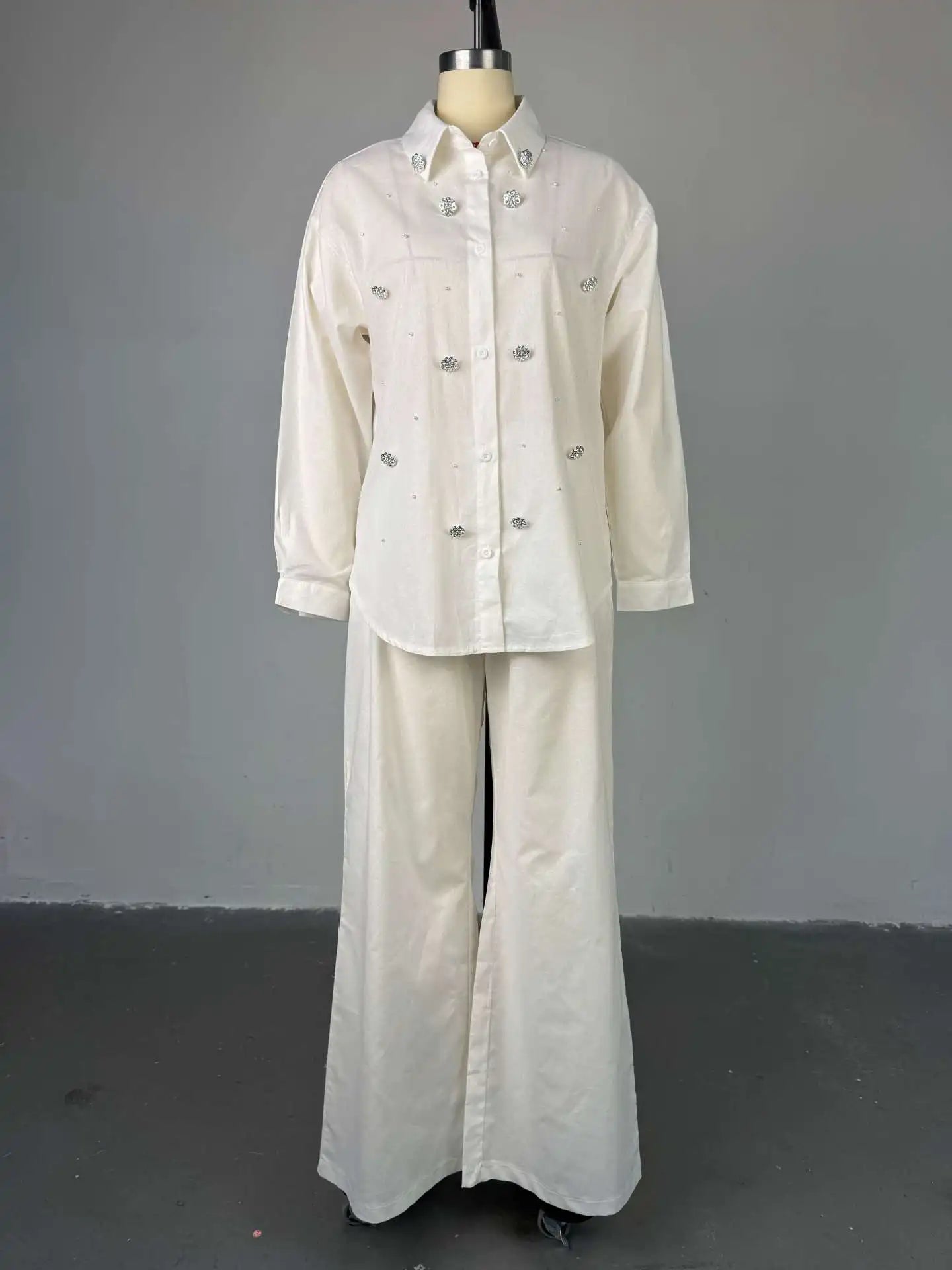 Pant Set Women Two Piece Sets Beaded Turn Down Collar Full Sleeve Shirt Single Breasted Wide Leg Long Pants Elastic Waist 2026