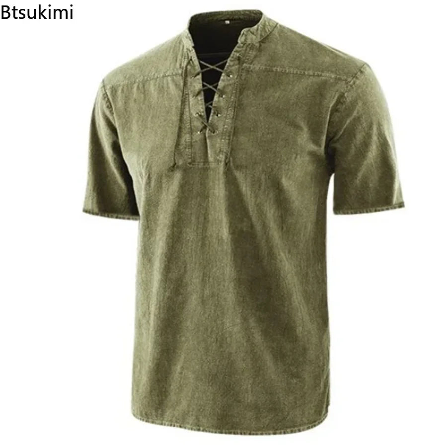 Summer T Shirt Men Stand Collar Front Lace Up Short Sleeve V Neck Slim T Shirt Streetwear for Daily Wear Casual Tops Tees S-5XL
