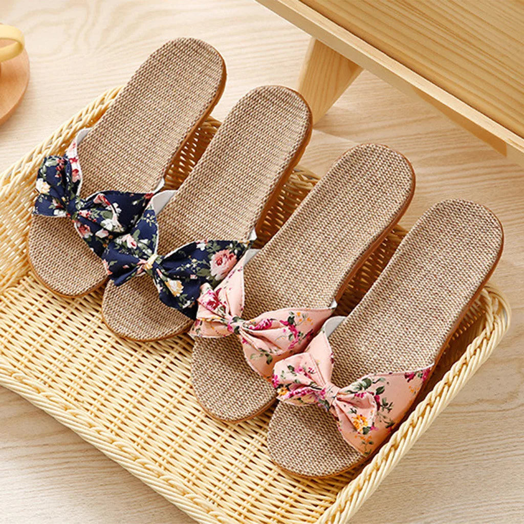 Shoes For Woman Sandalias Mujer Women Female Bowknot Flax Linen Flip Flops Beach Shoes Sandals Slipper Chaussures Femme