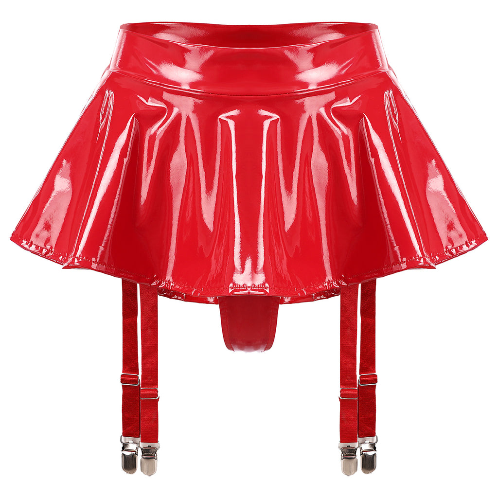 Lingerie Sexy Set Women Wetlook Patent Leather Wire-free Open Cup Sexy Bra with Ruffle Built-in Thongs Garter Belt Mini Skirts