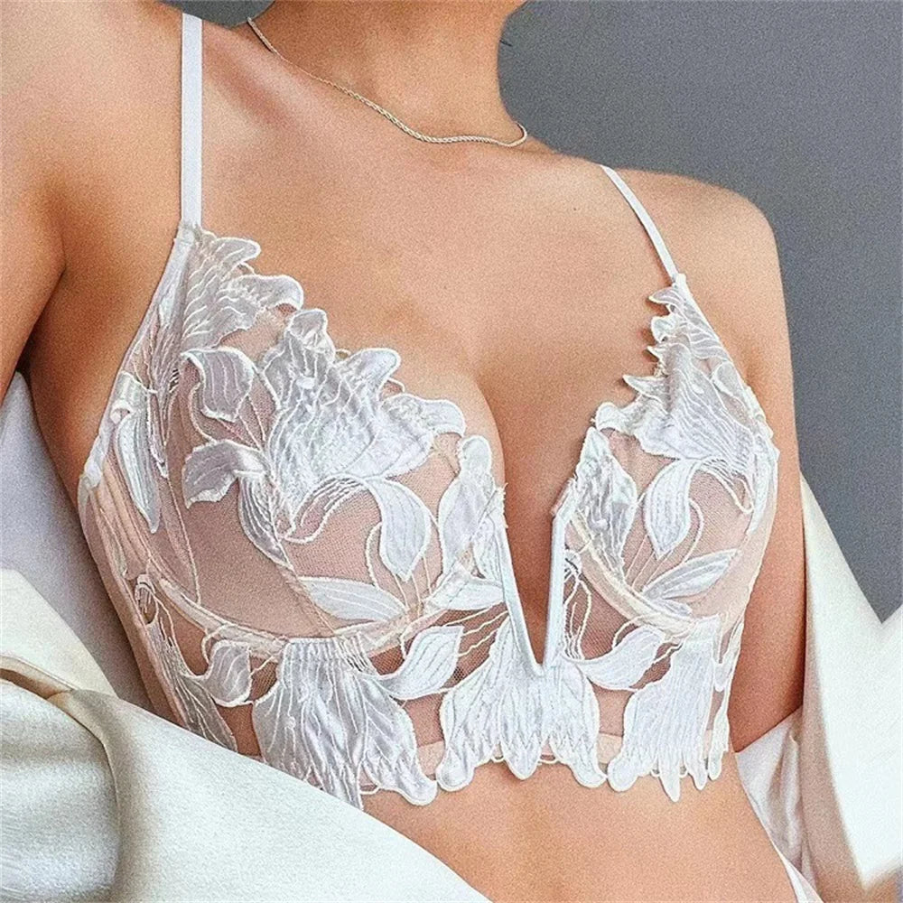 Sexy French Lace Floral Embroidery Brassiere Lingerie Set Women's Underwear Set Push Up thin Bralette Deep V Bra and Panty Set