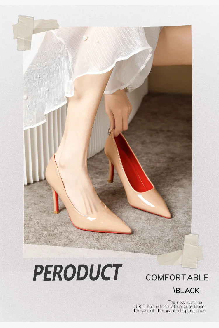 Sexy Nude High Heels Red Sole Women's Shoes Fashionable Thin Heel Single Shoes for Women Super Fibre Leather Inner Material