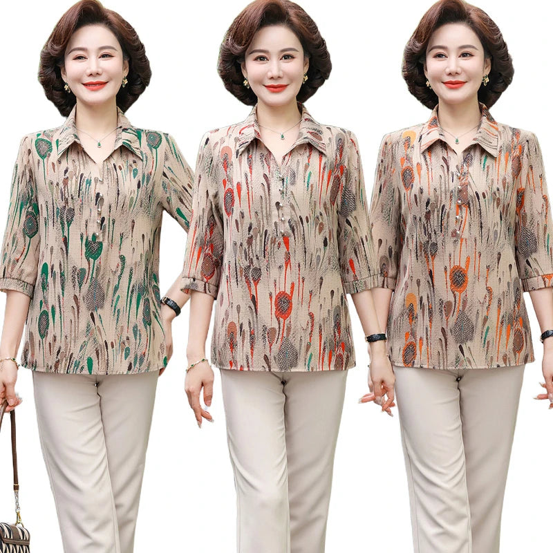 Summer Plus Size Shirt For Women's 2025 Printed Loose Top Mulberry Silk Blended Vacation Work Women's Clothing