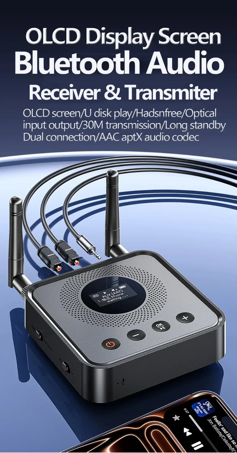 Bluetooth 6.0/5.2 Audio Receiver Transmitter with OLCD Digital Display USB Flash Drive & Wireless Music Playback Optical Output