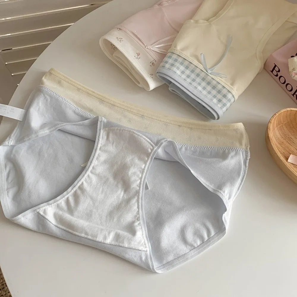 Lingerie Mid-waist Underwear for Women Large Size Bow Women's Sweet Panties Patchwork Underpants Cotton Briefs Summer