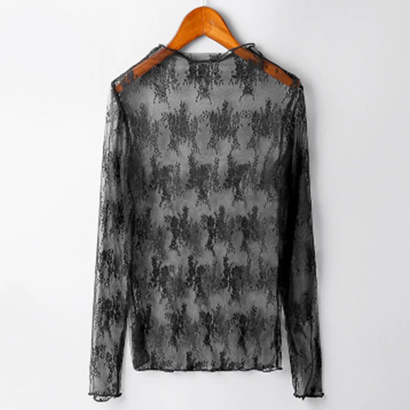 Summer Women Lace Floral Embroidery Blouses Shirt Ladies tops Sexy mesh Blouses Transparent Elegant See-through Black Shirt