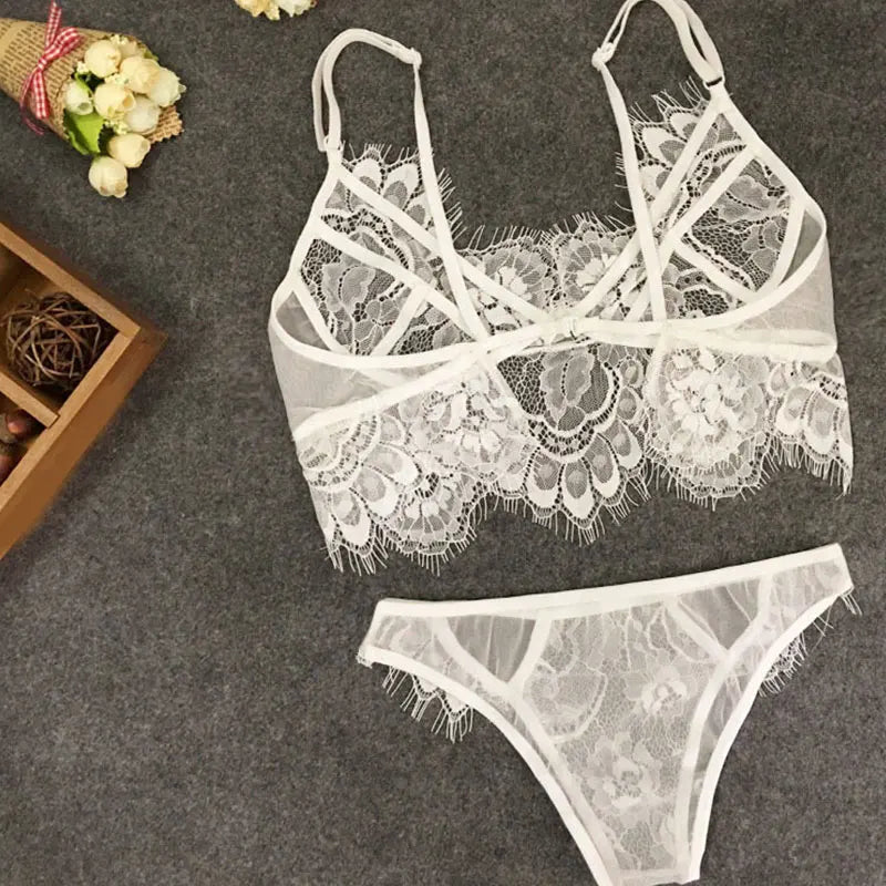Sexy Lace Bra Set 2 Pieces Transparent Lace Floral Underwear Set Short Skin Care Push Up Bra Panty Suit Erotic Lingeries Sets