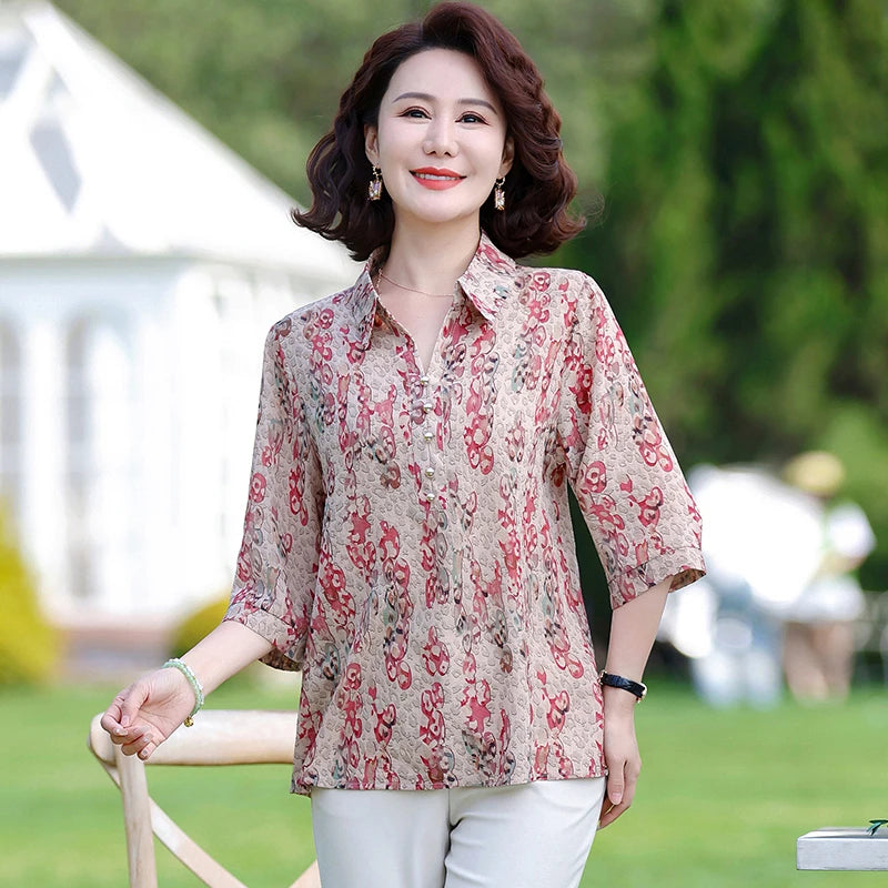 Summer Plus Size Shirt For Women's 2025 Printed Loose Top Mulberry Silk Blended Vacation Work Women's Clothing