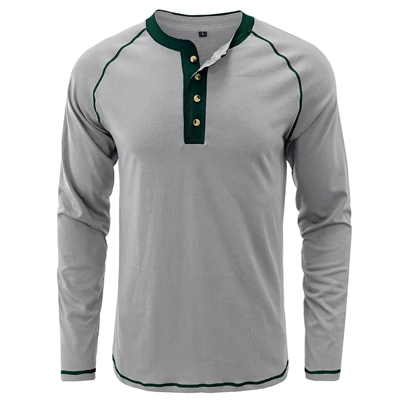 Summer  Autumn Men's American Heavy Cotton Henry Shirt  Long Sleeve Fitness Tough Guy T-Shirt Casual  T Shirt for Men Clothing