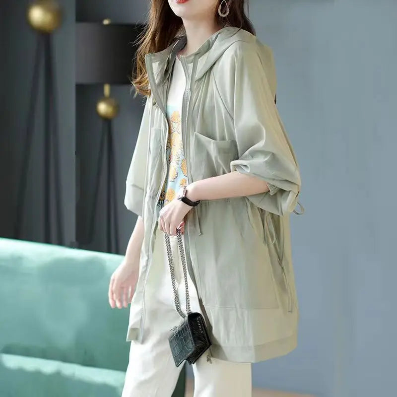 Summer Sunscreen For Women 2025 New Drawstring Waist Mid-length Thin Windbreaker UV Protection Cardigan Lightweight Trench Coat