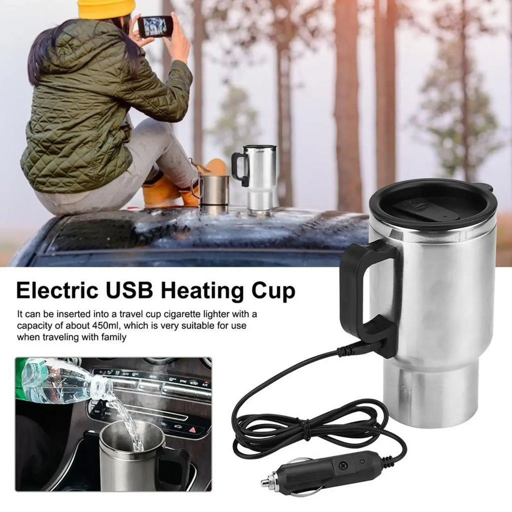 Car Electric Heating Cup 12V Stainless Steel Thermos 450ml USB Heated Mug For Outdoor Travel Camping Coffee Tea Warm Accssories
