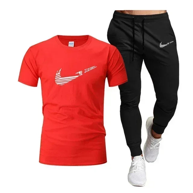 Summer Sports Men's Jogging Pure cotton T-shirt + thin long Pants 2-piece breathable and quick-drying set