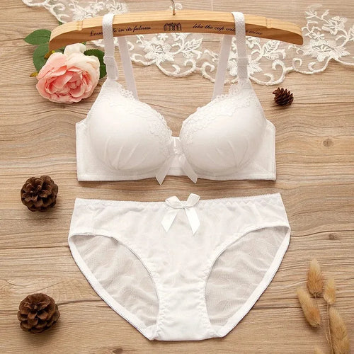 2pcs/set Solid Color Lace Bow Sexy No Steel Rings Comfortable Girls Bra Gather Adjustable Bra Panties Set Teen Underwear Puberty