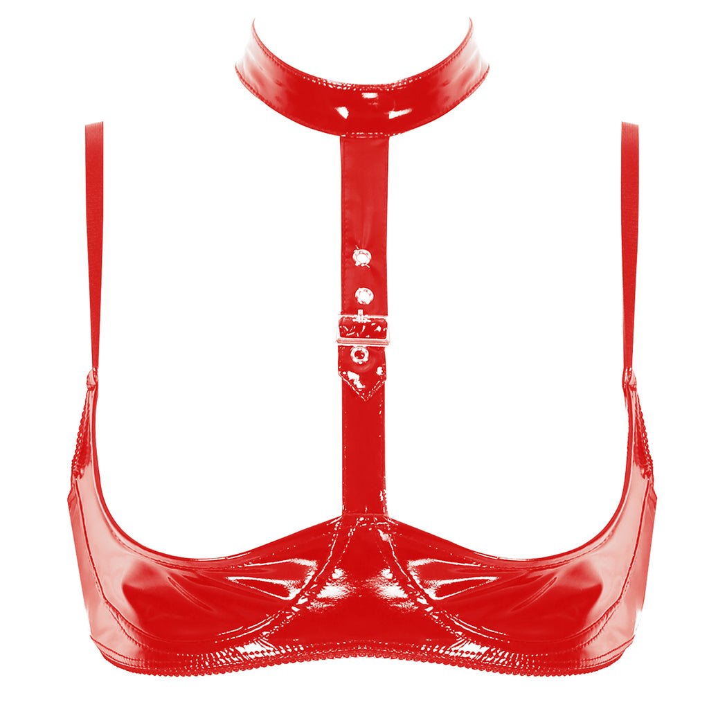 Lingerie Sexy Set Women Wetlook Patent Leather Wire-free Open Cup Sexy Bra with Ruffle Built-in Thongs Garter Belt Mini Skirts