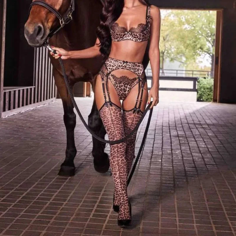 Lingerie Sexy Hot Wild Leopard Bra 5PC Set with Stockings Seductive Riding Suit Unleash Desire Party Kit Erotic Sexy Underwear