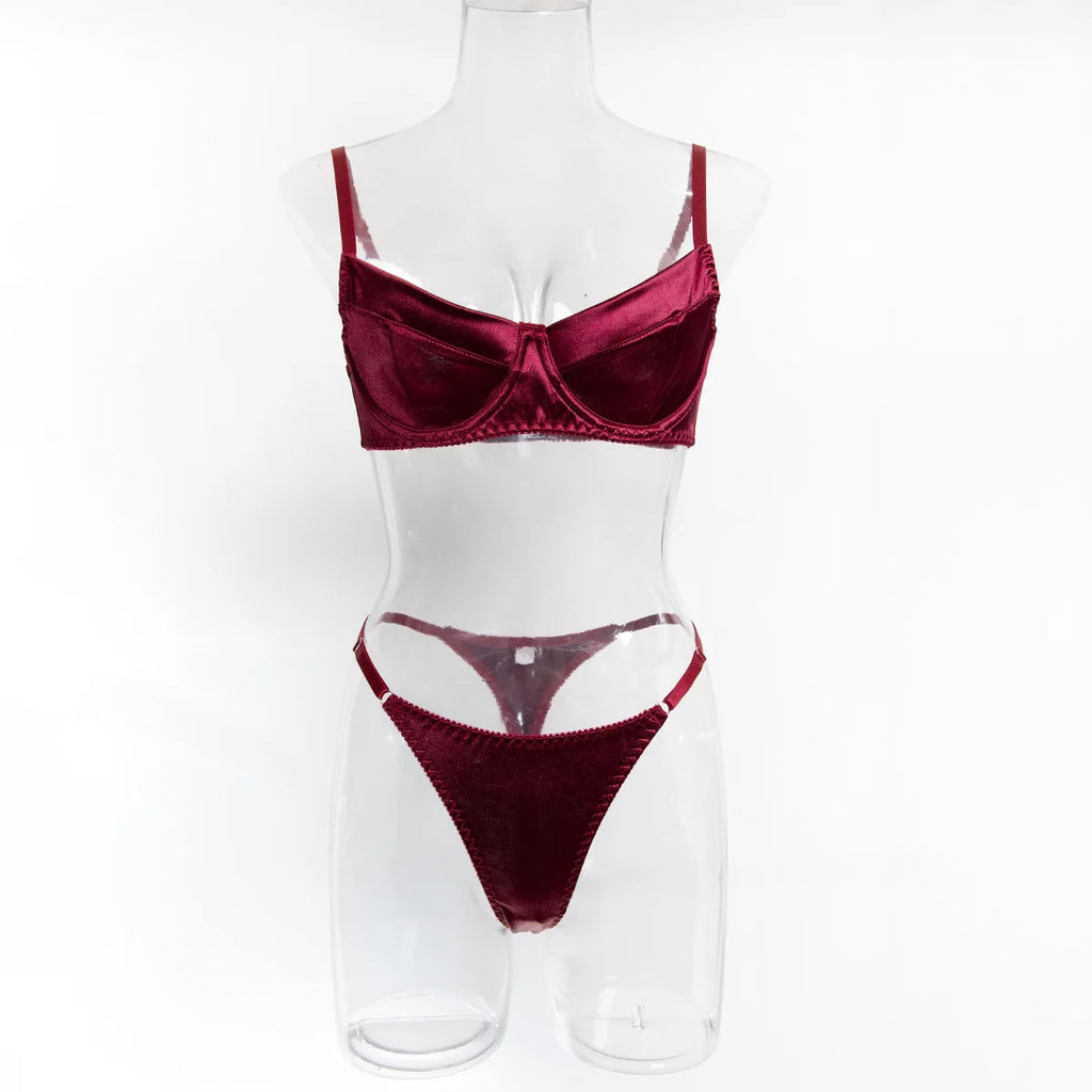 Sexy Burgundy Ruched Bra Set with Textured Fabric, Deep V Design, and High-Cut Panty for a Flattering Fit