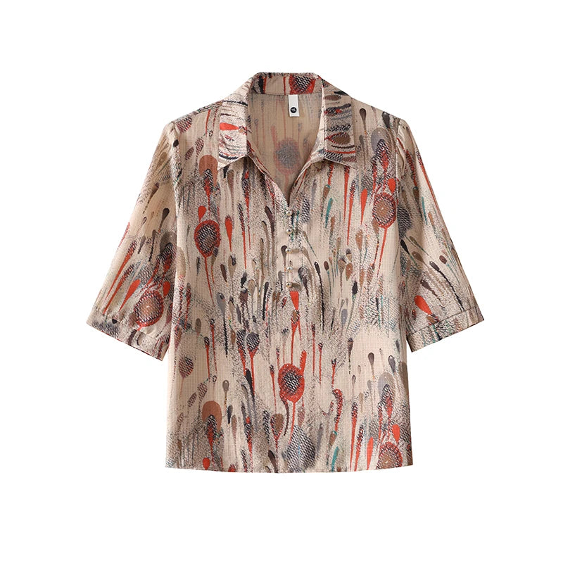 Summer Plus Size Shirt For Women's 2025 Printed Loose Top Mulberry Silk Blended Vacation Work Women's Clothing