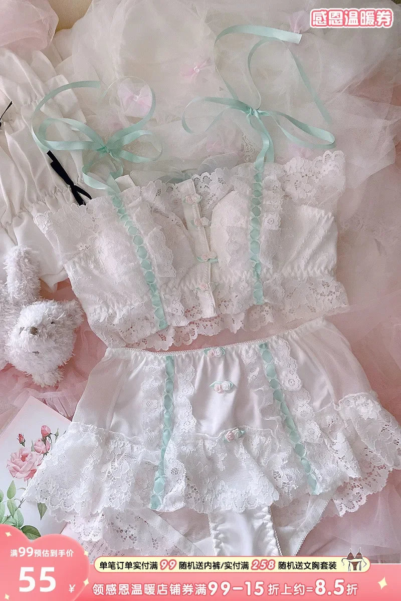 Women's Underwear Bra and Panty Set Lolita Girl Top Sexy Lingerie Cotton Intimate Vintage Lace Front Buckle Flowers Kawaii Bras